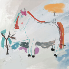 hand drawn doodle horse in forest, vector image