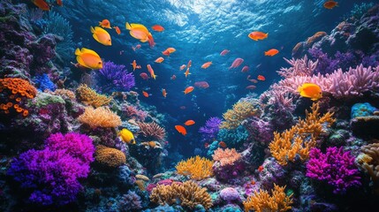 Fototapeta premium Birds-eye view of vibrant coral reefs, glowing with bioluminescent plants, diverse fish swimming freely