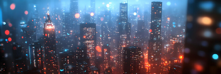 Fototapeta premium A Digital Art Illustration of a Futuristic Cityscape with Tall Buildings Lit Up at Night with a Blurry Background and a Subtle Glow