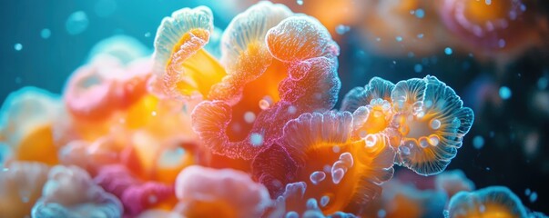 Naklejka premium Close-up shot of a bioluminescent soup, swirling colorful marine life, glowing underwater ambiance, dreamlike presentation