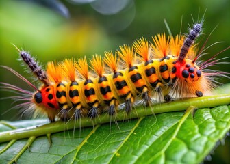 Vibrant orange ruby tiger moth caterpillar with black stripes and yellow spots crawls on a leaf, showcasing its unique, fuzzy, and menacing appearance.