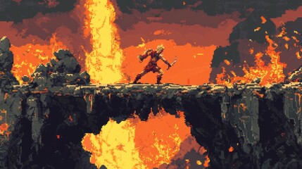 A lone warrior stands on a bridge over a fiery abyss.