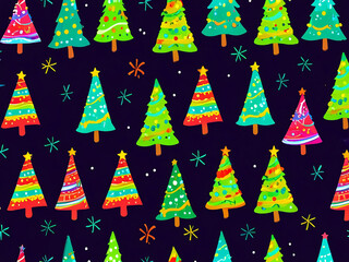 Seamless Christmas pattern featuring colorful Christmas trees decorated with stars, with white snowflakes on a black background.