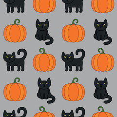 Halloween cartoon seamless pattern. Cute black cat, orange pumpkin. Animal holidays character. Vector.