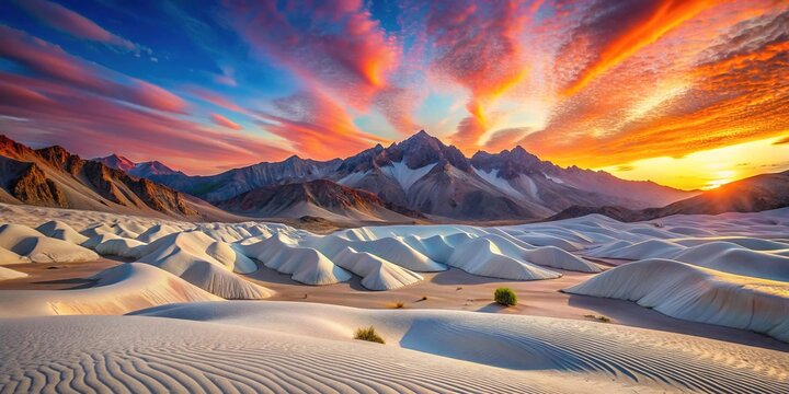 Vibrant sunrise casts a warm glow on the surreal, undulating white gypsum dunes of Las Dunas de Yeso, Spain's unique natural wonder.