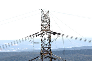 High power line tower. Energy transmission systems. Metaphorical meaning of power outage. Electric.
