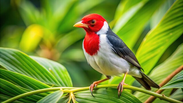 Vibrant yellow-billed cardinal perches on a lush green branch amidst exotic tropical foliage, showcasing its striking plumage and distinctive beak in Hawaii's lush natural environment.