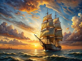 Fototapeta premium Vintage-style oil painting of a majestic tall ship sailing across a tranquil ocean, with billowing sails and intricate rigging against a warm sunset sky.