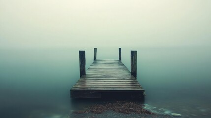 Obraz premium A Wooden Dock Extending into a Foggy Lake