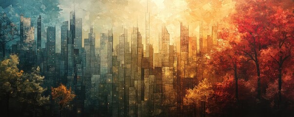 Naklejka premium Fantasy cityscape viewed at eye-level, merging cubism and dreamlike colors, bathed in ethereal light