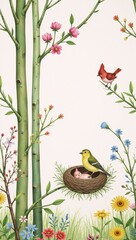 Obraz premium Watercolor woodland birds seamless pattern fabric wallpaper featuring a floral forest and nesting baby bird in a nursery setting