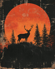 An Illustration Vintage Sunset Deer, Abstract painting of deer in sunset jungle