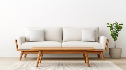 Minimalist living room featuring a white sofa with wooden frame, matching wooden coffee table, and a potted indoor plant, creating a clean and modern aesthetic.