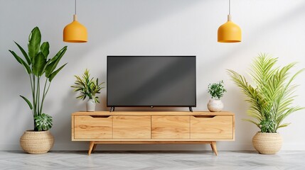 Modern living room featuring a wooden TV stand, potted indoor plants, and yellow pendant lights, creating a stylish and vibrant space with natural elements.