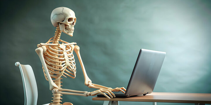 A human skeleton using a computer for work or leisure , skeleton, computer, technology, digital, online, internet, device