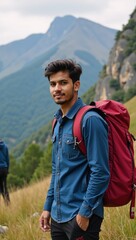 Naklejka premium Indian college student posed with travelbackpacking accessories for photography session