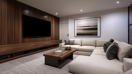 Contemporary living room with a beige sectional sofa, wooden accent wall, and a large flat-screen TV, complemented by a modern coffee table and monochromatic artwork.