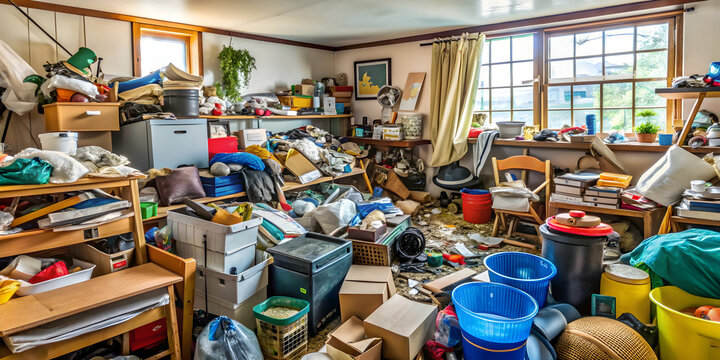 Messy hoarder room filled with cluttered boxes, electronics, household objects, and junk, hoarder, room, cluttered