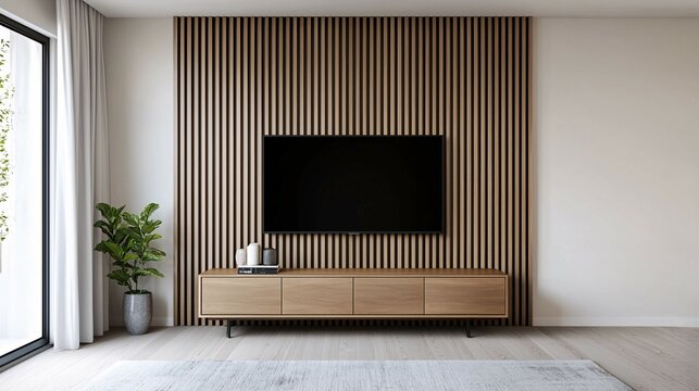 Modern living room interior featuring a wooden slat accent wall with a mounted flat-screen TV, minimalist wooden console, and potted plant.
