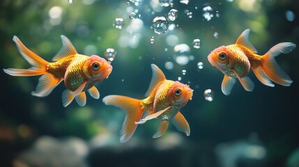Three goldfish swimming in an aquarium, with bubbles rising around them.