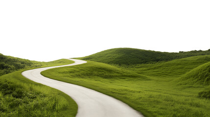 Obraz premium Curved road winding through green lush hills isolated on transparent background