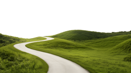 Curved road winding through green lush hills isolated on transparent background
