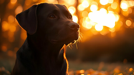 A Chocolate Labrador Retriever Gazes into the Golden Sunset, Its Dark Fur Silhouetted Against the Blurred Background of Warm Light
