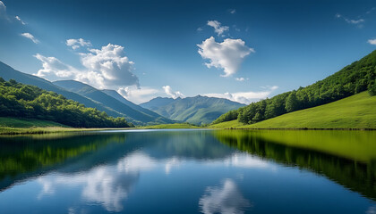 Fototapeta premium tranquil mountain landscape with calm lake and reflections lush green hills under a serene blue sky with scattered clouds