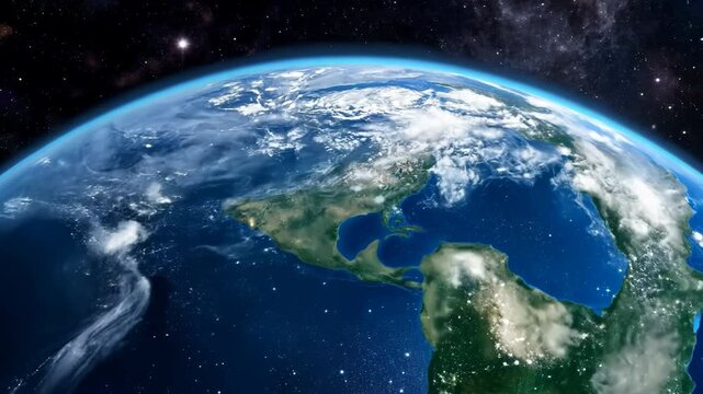 Planet Earth, view from space, Milky Way Galaxy. Rotating animation, zoom through the cosmos, stars and stratosphere. 3D Render