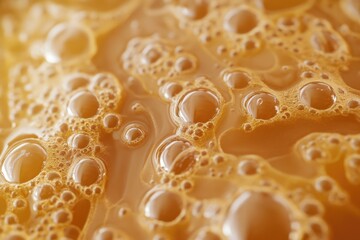 Bubbled caramel texture, thick and gooey, forming glossy bubbles