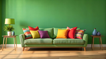 Living room with vibrant green walls and colorful pillows on sofa, living room, green walls, colorful pillows