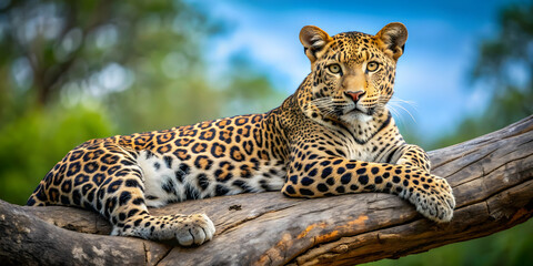 Naklejka premium Portrait of a leopard lying gracefully on a tree branch, leopard, wildlife, safari, nature, feline, predator, wild, animal