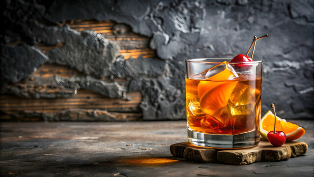 Old fashioned cocktail served on a rustic stone background, whiskey, old fashioned, cocktail, drink, stone, background, vintage