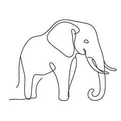 A black and white drawing of an elephant. The elephant is standing with its trunk up and looking to the right