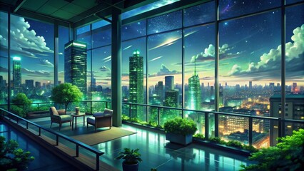 Chill Lo-fi Vibes with Night Skyline and Purple Hues Manga and Anime Inspirations. lo-fi vibes, night skyline, chill purple shares, manga, anime