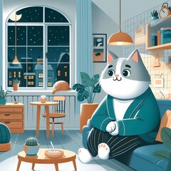 anthropomorphic cat sitting at home under a blanket, cat after work, cat illustration
