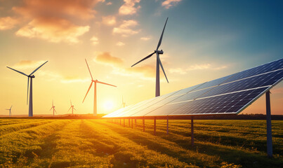 Renewable Energy Power Plant with Solar Panels and Wind Turbines, Harnessing Green Energy from Nature. Eco-Friendly Campaigns, Green Energy Initiatives, and Environmental Awareness Content.