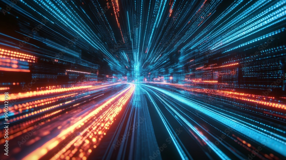 Poster high-speed digital motion with luminous lines and interconnected grids, representing global data tra