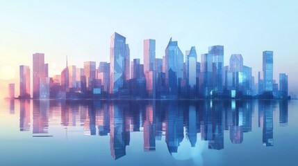 Fototapeta premium Abstract polygonal city with reflections on blue background. Technology and social innovation concept