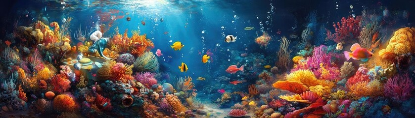 Whimsical underwater chef, vibrant coral kitchen, playful sea creatures assisting, colorful gourmet dishes floating