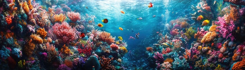 Fototapeta premium Whimsical underwater chef, vibrant coral kitchen, playful sea creatures assisting, colorful gourmet dishes floating