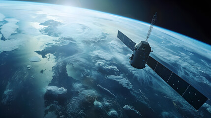 Space Satellite Flies Across the Vast Expanse of Space. 