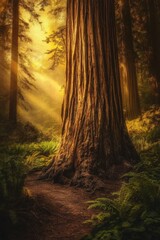 Fototapeta premium Sunlight streams through a redwood forest, illuminating the path ahead.
