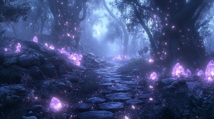 Mystical Forest Path with Glowing Crystals and Fog