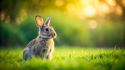 Fototapeta premium Rabbit sitting on lush green grass, rabbit, bunny, animal, wildlife, nature, green, outdoors, fluffy, cute, furry, peaceful, calm
