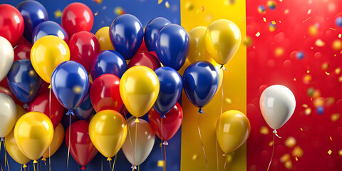 Celebrating Independence day of Chad with balloons in flag colors, horizontal banner in background