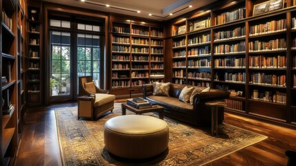 Luxurious Library with Leather Sofa, Armchair, and Ottoman