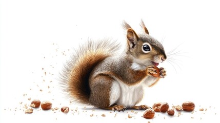 Obraz premium A Squirrel Holding a Hazelnut with Scattered Shells