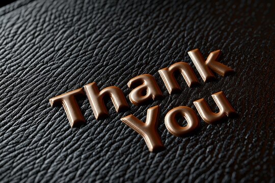 "Thank You" embossed on a dark leather texture, with light catching the edges of the letters for a sophisticated look.