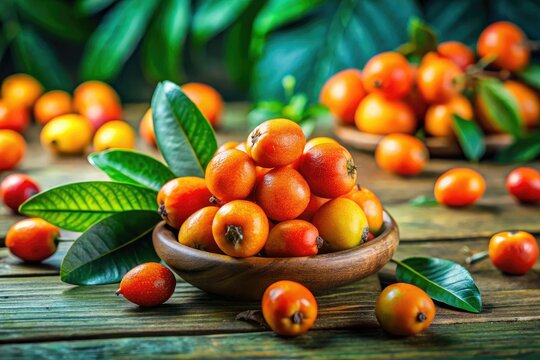 Vibrant jocote fruits on a wooden table, accompanied by lush green leaves, embody a healthy lifestyle with their bright colors and natural appeal.